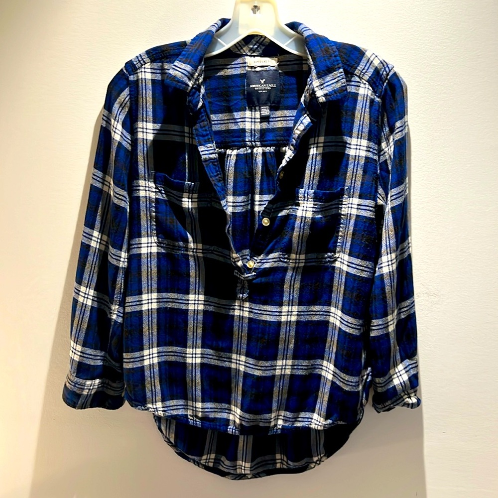 Navy Plaid asymmetrical Flannel